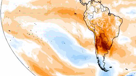 Temperature anomaly on Wednesday August 2 2023. Red areas of Chile and northern Argentina are much hotter than the long-term average for this time of year. Photo: ClimateReanalyzer.org, CC BY-SA
