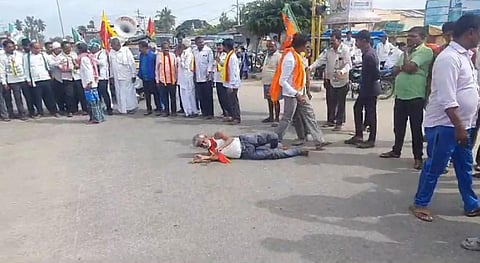 A pro-Kannada activist protests during the Karnataka bandh on September 26. Photo: Rajath R