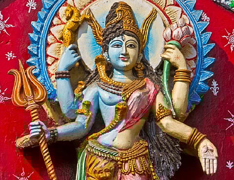 Ardhanarishwara on the wall of an ancient Kali temple in Puri, Odisha. Photo: iStock