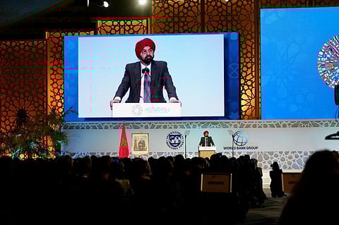 President of the World Bank Ajay Banga speaking at annual meetings in Morocco. Photo: @DanishMFA / X (formerly Twitter)