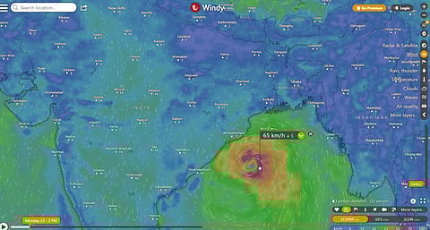 A forecast of the deep depression in the Bay of Bengal at 2 pm, October 23, 2023. Screengrab: Windy
