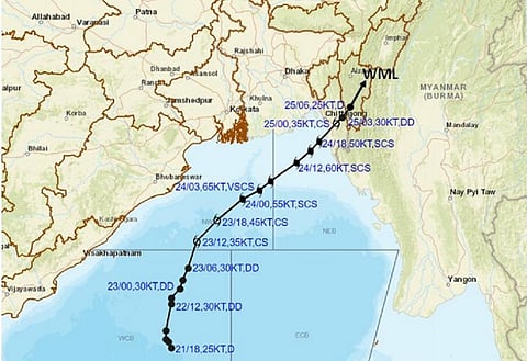 Observed track of cyclone Hamoon over the Bay of Bengal from October 21-25, 2023. Map: IMD