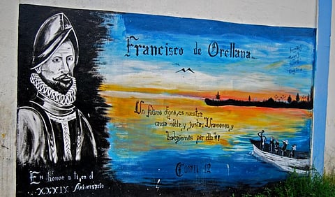 A mural depicting Spanish Conquistador, Francisco de Orellana in the town of Puerto Francisco de Orellana, also known as El Coca in the province of Orellana, eastern Ecuador. The city is located in the Amazon Rainforest at the confluence of the Coca River and the Napo River. Photo: WIkimedia Commons, CC 2.0