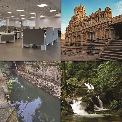 (Clockwise from left) A standard modern office space with surfaces that are exactly 2D (walls, partitions) or 3D (pillars, workstations), while an 11th-century temple has repetitive patterns at different scales transcending into fractal dimensional space adorning all its surfaces and that when placed amidst expansive slab flooring, accentuates the primary structure. A forest stream has the capacity to cycle carbon, water and all other constituents between the subsurface and atmosphere along with biotic productivity and recycling whilst maintaining a visual harmony about it, while a stream flowing through an average Indian city is straight-jacketed with restraining walls thus removing any inherent fractal features that come with its natural meander and at the same time reducing it functionally to a sewage canal prone to flooding during the monsoons. Photos: Robin Kurian Abraham