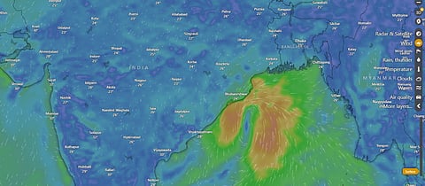 The deep depression over west-central Bay of Bengal at 6.30 pm on November 16, 2023. It is forecast to move north-northeastwards and further intensify into a cyclone. Screengrab: Windy.com