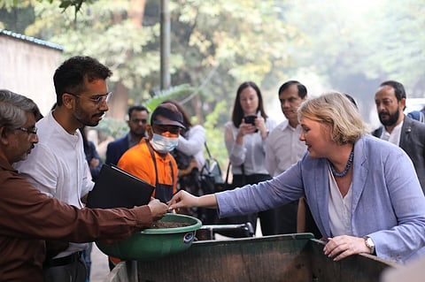Anne Beathe Tvinnereim, minister for international development, Norway at a waste management facility in Gurugram. Photo: CSE