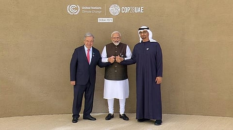 PM Modi with President Sheikh Mohammed bin Zayed Al Nahyan of the UAE and UN Secretary General Antonio Guterres at COP28. Photo: @narendramodi / X