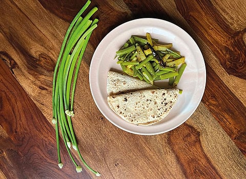 Flower stalks of onion have a mild flavour when compared with the bulbs. The stalks are used in soups and salads or are stir-fried (Photograph: Vibha Varshney)