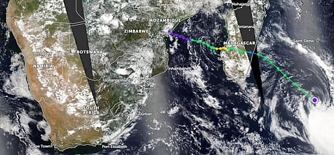 A screen grab of Zoom Earth, showing the path of Cyclone Alvaro