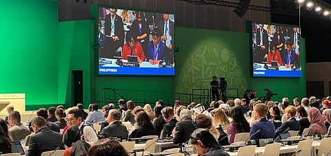 Maria Antonia Yulo-Loyzaga, head of the Philippines' delegation makes a point at COP28 in Dubai. Photo: @PHMissionNY / X