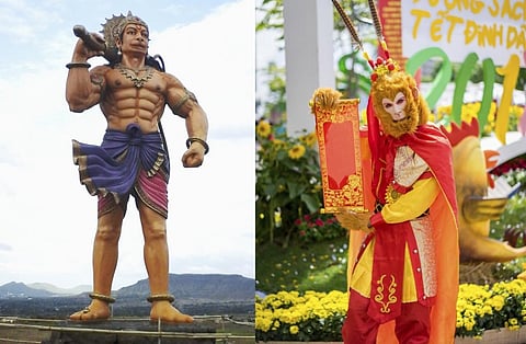 (Left) A Hanuman statue at Samarth Shrushti, Sajjangad Rd, Satara, Maharashtra.
(Right) A man dressed as Sun Wukong in Vietnam, a Sinicised culture. Photos from iStock. Collage by Ajit Bajaj/CSE