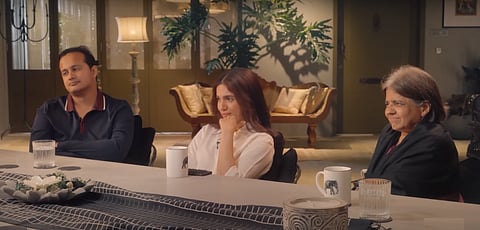 A still from the podcast. From left, Mirik Gogri, Bhumi Pednekar and Sunita Narain.