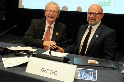 William Ehlers, GEF council secretary and Carlos Manuel Rodríguez, GEF chief executive and council co-Chairperson at the 66th Meeting of the GEF council. Photo: IISD - Earth Negotiations Bulletin / Diego Noguera