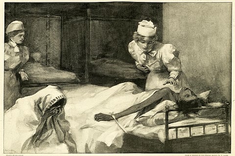 इतिहास के पन्नों से: 1890 के दशक में ग्रांट रोड हॉस्पिटल मुंबई के एक महिला वार्ड में ब्यूबोनिक प्लेग पीड़ित की देखभाल करती नर्सें; इलस्ट्रेशन: आईस्टॉक