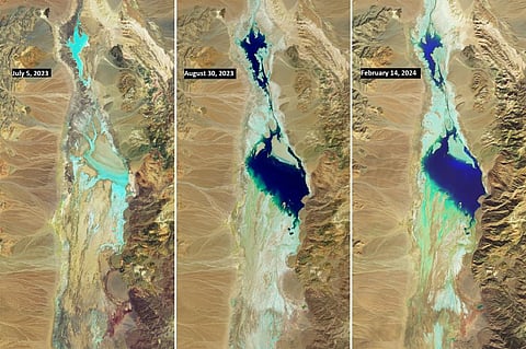 Death Valley’s Badwater Basin from July 5, 2023 to February 14, 2024. Photos: NASA Earth Observatory