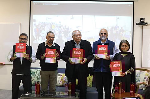 (From left) Souparno Banerjee, Senior Director, Outreach, Publications and Environment Education, CSE; Richard Mahapatra, Managing Editor, DTE; economist Nitin Desai; veteran journalist TN Ninan and Sunita Narain, CSE Director General & DTE Editor during the official launch of State of India's Environment 2024.