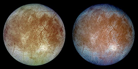 Europa seen in true colour (left) and false colour (right).Photo: NASA