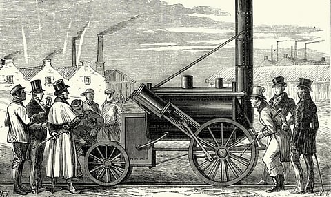 Vintage engraving of Stephenson's Locomotive, The Rocket, 1829. Photo: iStock
