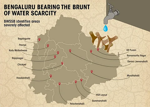 A map of some of the areas of Bengaluru identified by BSWBB that are bearing the brunt of water scarcity. Credit: Tarun Sehgal / CSE