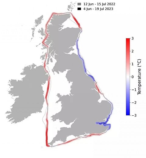 Temperature differences between 2022 and 2023 GB Row Challenges. Red indicates warming and blue cooling. Credit: University of Portsmouth