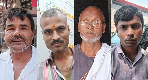 घर तक महंगे सफर के कारण मतदान नहीं कर पाएंगे प्रवासी श्रमिक। बाएं से दाएं: जय प्रकाश यादव, संजय झा, शब्बीर शेख और सेफायत हुसैन। फोटो: मोहम्मद इमरान खान