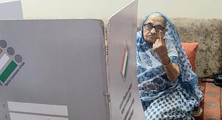 A senior citizen after having cast her vote in Guna, MP. Photo: @CEOMPElections / X (Formerly twitter)