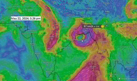 Low-pressure area formed over Bay of Bengal may intensify into cyclone Remal. Screengrab: Windy.com