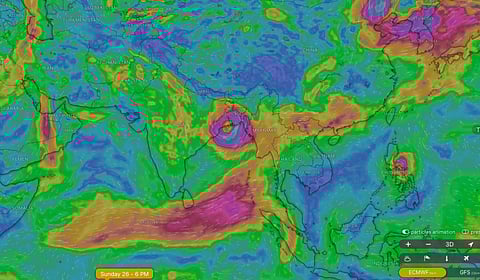 A screengrab from Windy.com showing the possible landfall of Remal in Bengal