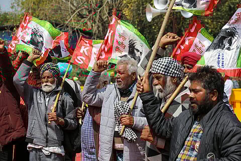 Farmers protesting in Delhi in March 2024, demanding minimum support prices and loan waivers