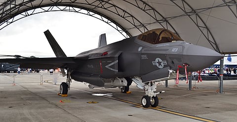 A US.Air Force F-35 Joint Strike Fighter (Lightning II) jet in a hangar.