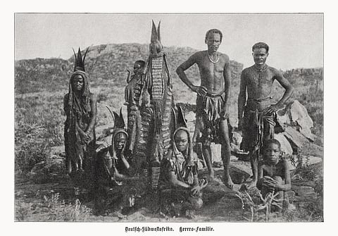 Herero family in German South West Africa (Namibia), halftone, 1899 stock illustration