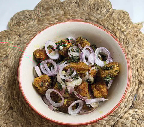 Cod fillet cubes prepared in a Sri Lankan style are crunchy on the outside and juicy on the inside