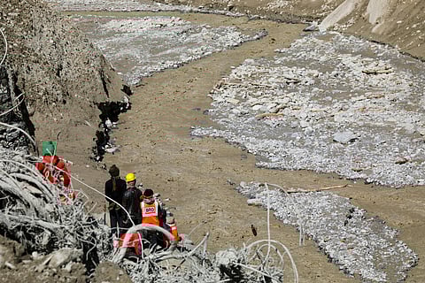 Silted Rishiganga river near Raini village in Chamoli district of Uttarakhand