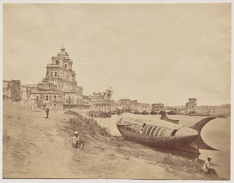 The Nawab of Awadh's Palace at Chutter Manzil in Lucknow’s Kaiserbagh in 1858. The Nawab’s personal fish-shaped boat can be seen. Fish are the symbol of Awadh and also feature in its royal seal, based on a legend going back to Saadat Ali Khan, the first Nawab.