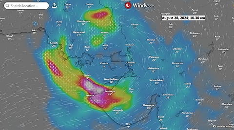 As of the evening of August 27, the deep depression was positioned over north Gujarat, 100 km northeast of Kandla
