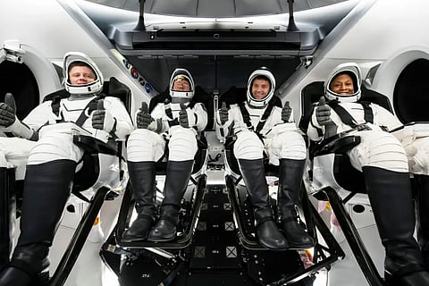 Members of NASA’s SpaceX Crew-8 from right to left: NASA astronauts Jeanette Epps, mission specialist; Matthew Dominick, commander; Michael Barratt, pilot; and Roscosmos cosmonaut Alexander Grebenkin, mission specialist