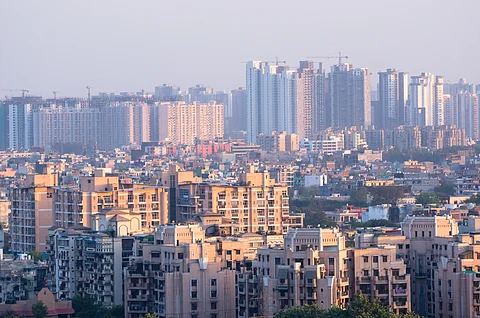 Cityscape in an indian city with concrete buildings and skyscrape