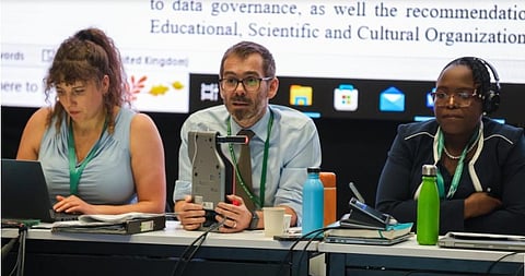 From L-R: Kirsty Bryant, CBD Secretariat; and Contact Group on DSI Co-Chairs William Lockhart, UK, and Lactitia Tshitwamulomoni, South Africa