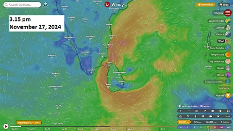 The system, moving north-northwest at 10 kilometres per hour, was approximately 110 km east of Trincomalee, Sri Lanka and 530 km south-southeast of Chennai at 11 am on November 27