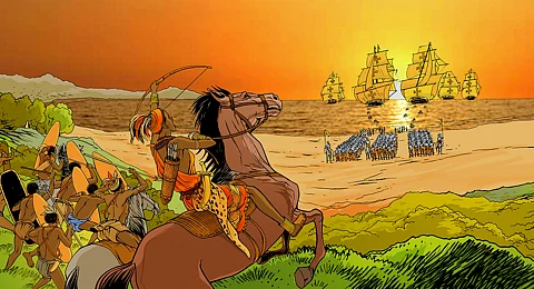 An illustration showing Nzinga Mbande preparing to confront the Portuguese