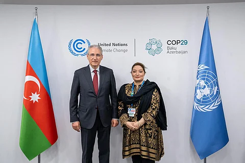 Romina Khurshid Alam, coordinator to prime minister on climate change at inistry of Climate Change and Environmental Coordination (right) with COP29 President Mukhtar Babayev at Baku, Azerbaijan