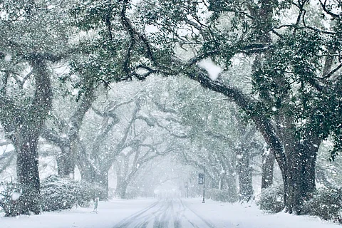 X user @CWGulfCoast shared photos of snow-covered roads in South Mississippi, US.