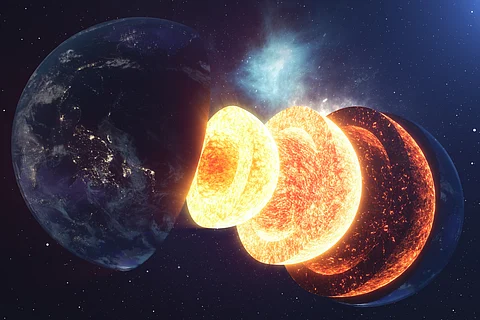 Beneath the crust where life thrives, the planet has layers: First, the mantle, then the molten, iron-rich outer core, and at the centre, the solid inner core.