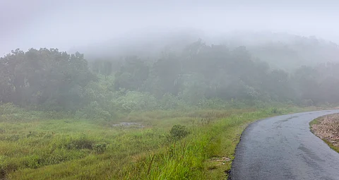 Heavy mist and rain over Khasi hills along highway near Shillong