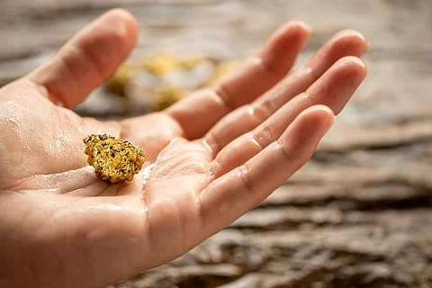 Miners hold in their hands gold minerals found in the mine for inspection and consideration.