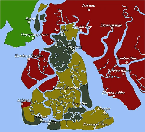 Map showing the parties involved over the oil-rich Bakassi and its maritime frontier. Contested by Cameroon and Nigeria, the dispute was resolved by the International Court of Justice in 2002.