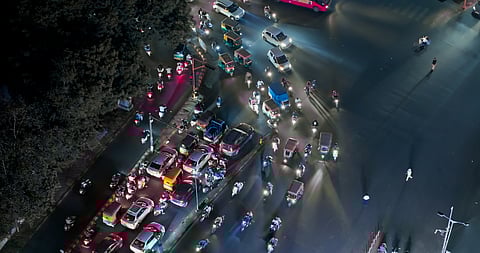 Aerial shot of Swami Vivekananda Road in Khadia, an area in central Ahmedabad, Gujarat at night.