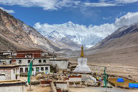 Rongbuk Monastery lies near the base of the north side of Mount Everest.