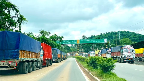 Lines of trucks along NH-6, spanning kilometres till Jorabat, Byrnihat.
