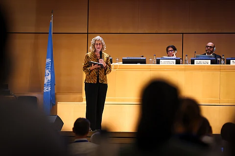 Inger Andersen, UNEP’s executive director, speaking at the opening plenary of INC 5.2